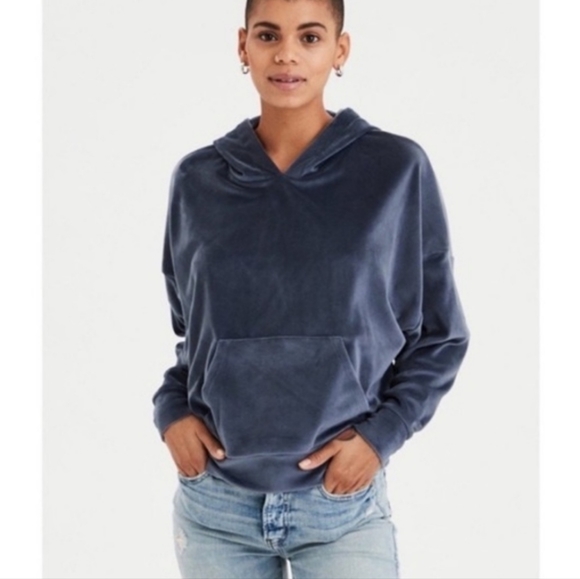 American Eagle Outfitters Tops - American Eagle Crushed Blue Velvet Crop Hoodie Size Small